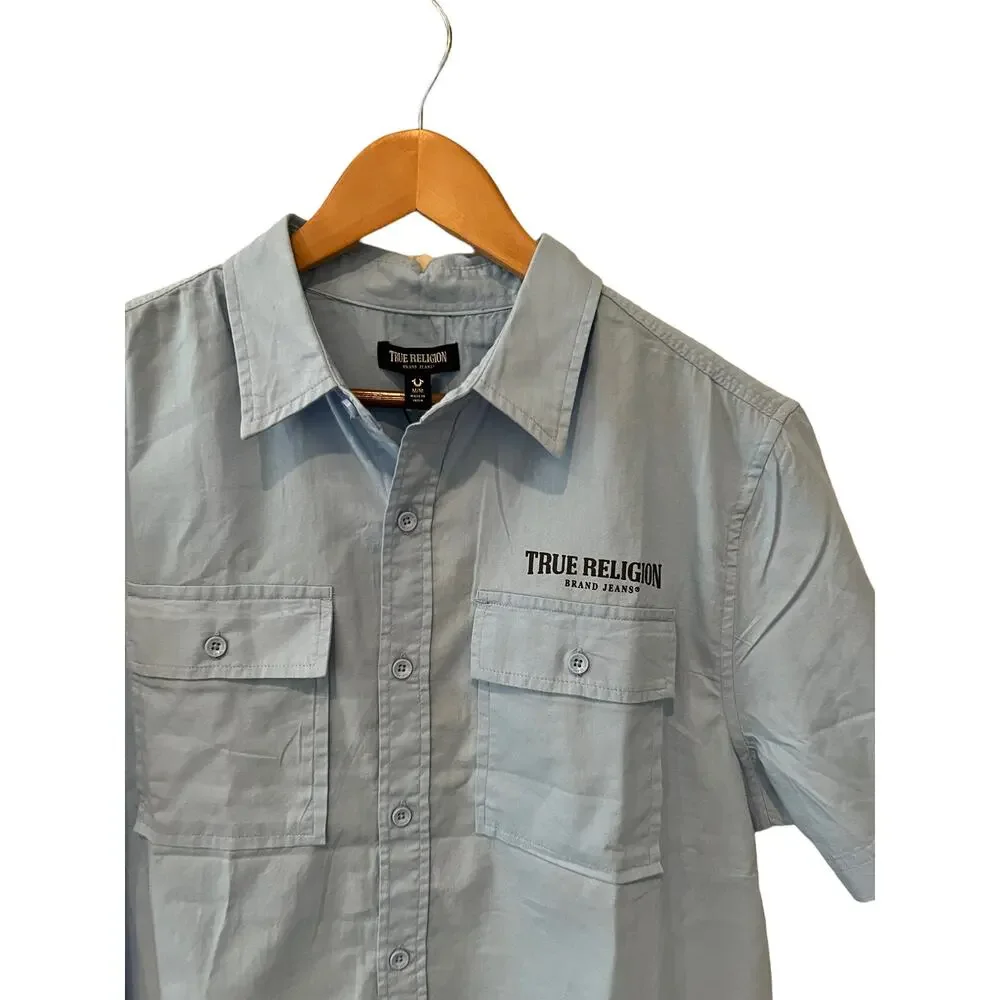 True Religion Utility Button Down Short Sleeve Shirt Light Blue M